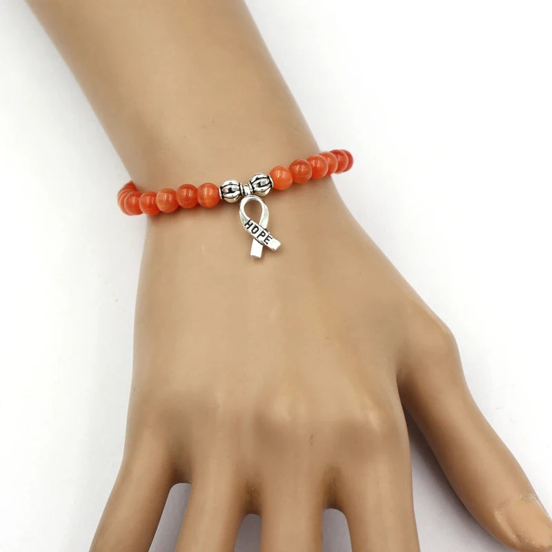 Breast Cancer Jewelry Moonstone Cat Eye Beaded Bracelet Cancer Hope Charm Bracelets Pink Yellow Orange Blue Bangles Pulsera