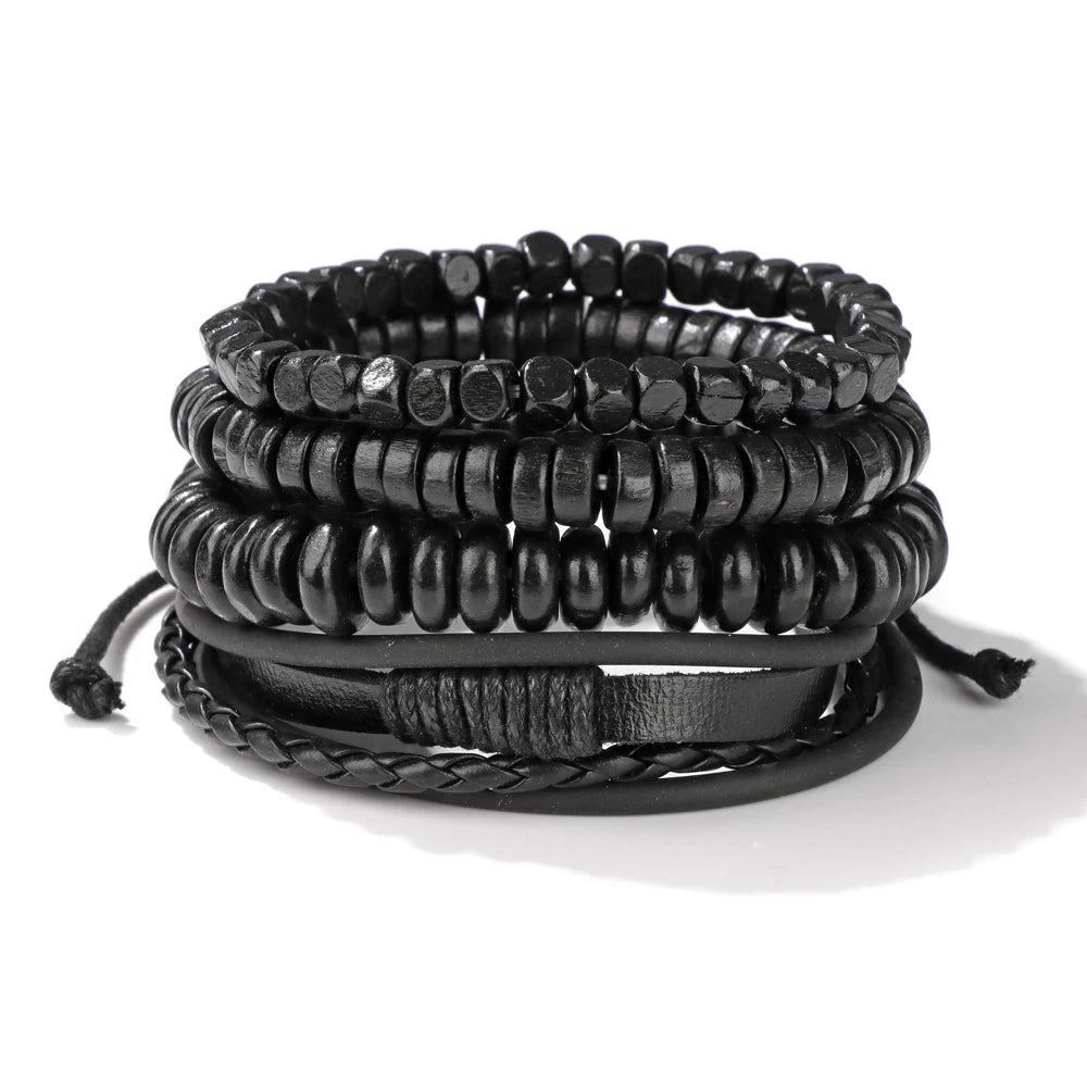 Fashion Braided Wrap Leather Bracelet Vintage Wood Beads Feather Skull Arrow Ethnic Bracelets Bangles Men Women Energy Jewelry