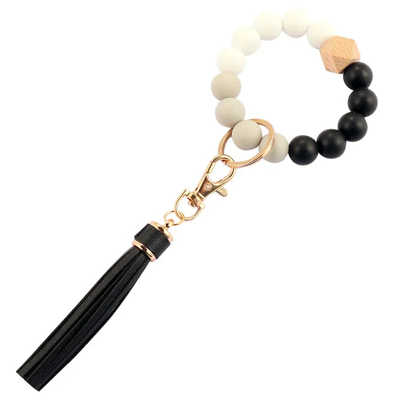 Hemasa  Silicone Wood Beads Keychain Keyring For Women Wristlet Bracelet Pendant Keychain With Jewelry Accessories