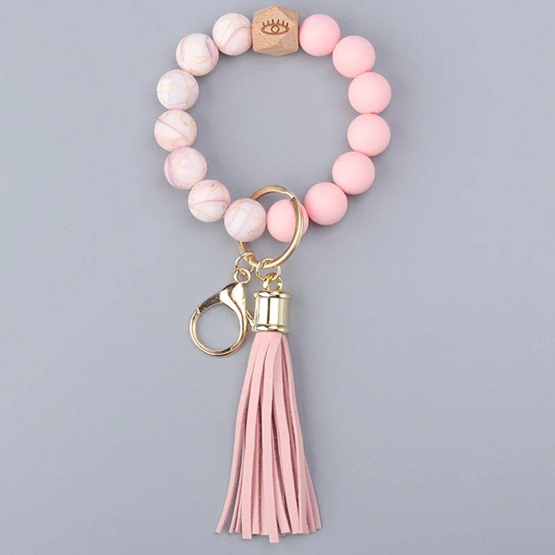 Colored Silicone Bead Bracelet PU Tassel Keychain Wristlet Bracelet Pendant Keychain Woman Man Jewelry Accessories Gifts