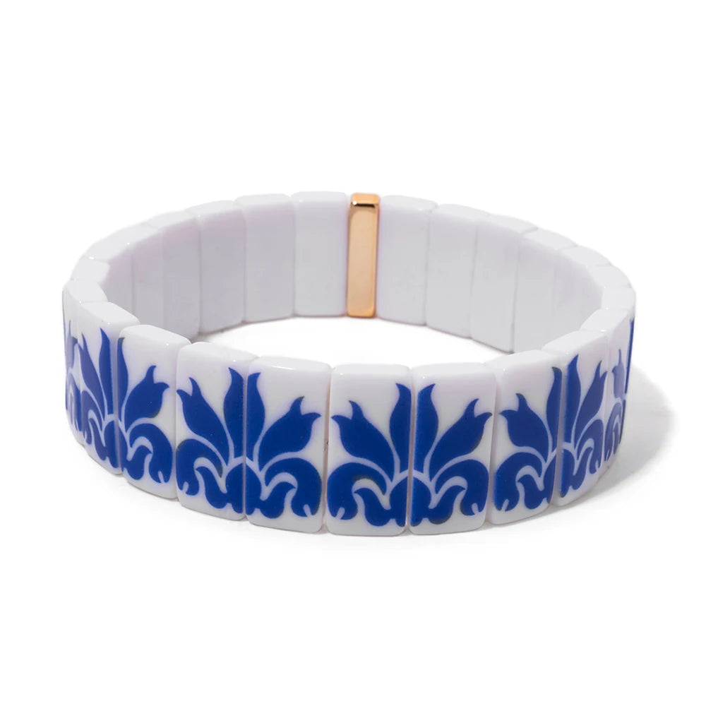 8x16mm Plastc Chinese Blue and White Porcelain Texture Beaded Bracelets For Women Handmade Spring Hand Accessory