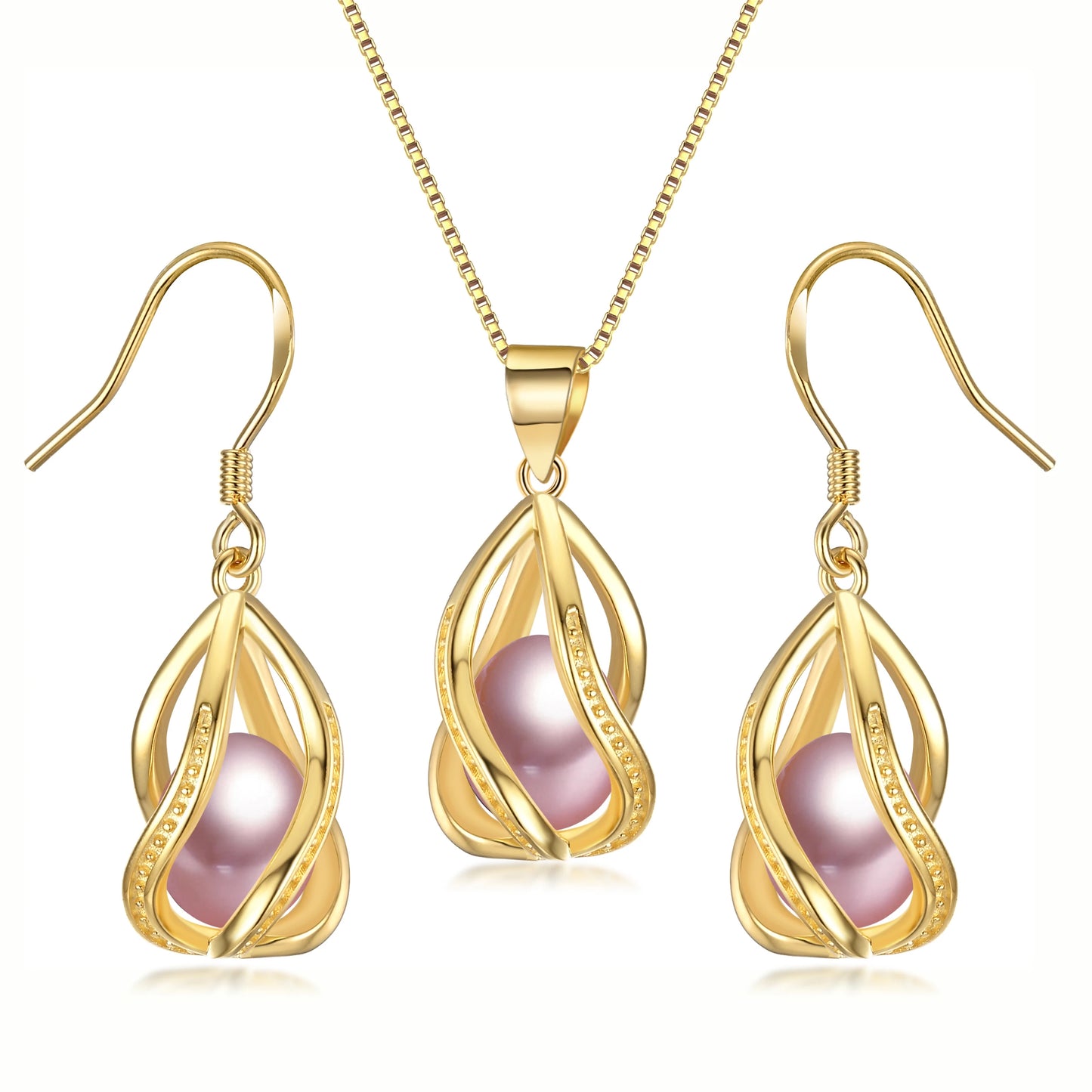 YWYC Gold Color Chain Pendant Necklace 8-9mm Natural Freshwater Pearl in Cage Pendant & Drop Earrings Jewelry Set for Women
