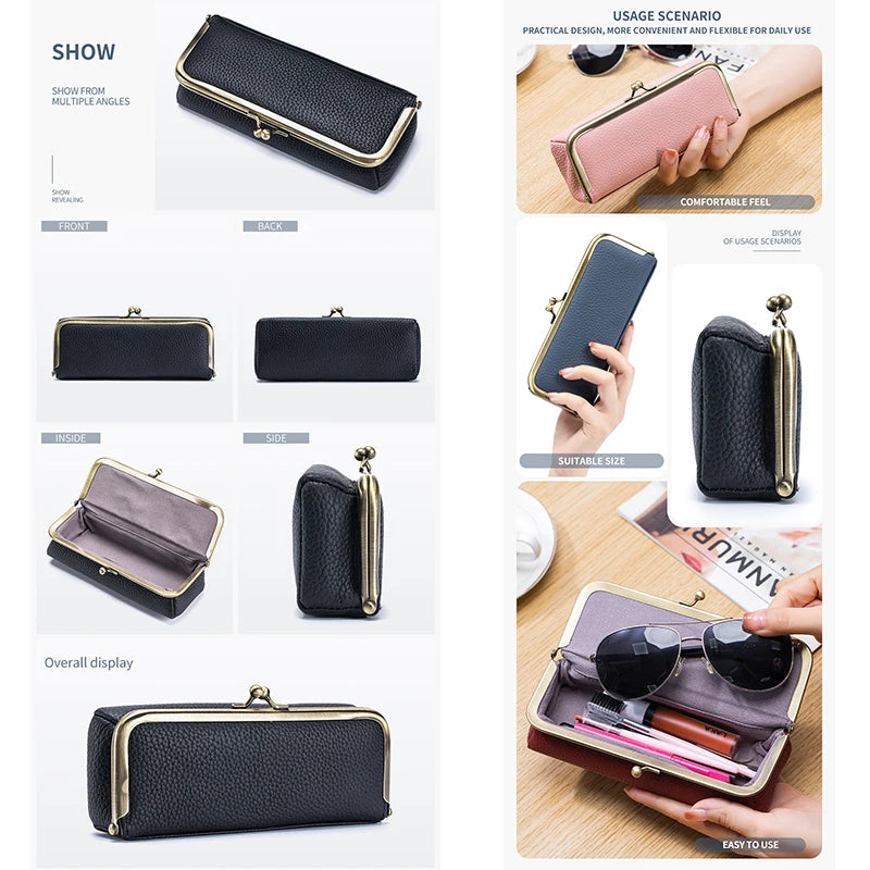 Tejesa Genuine Leather Glasses Case / Pencil Bag with Kiss Lock/ Coin Purse for Women /Travel Sunglasses