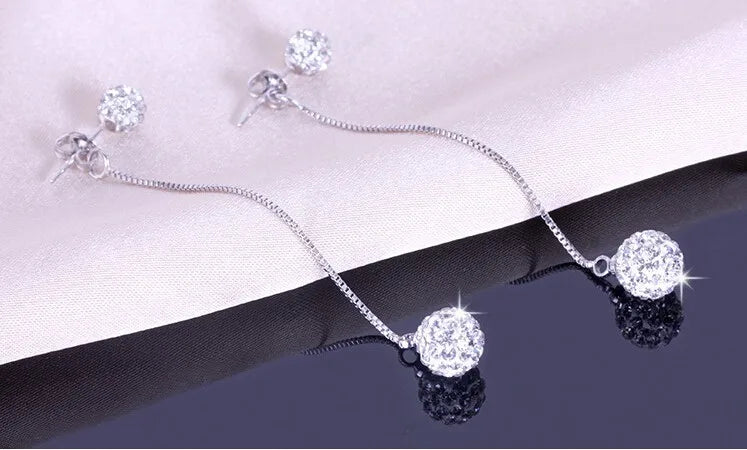 High Quality 925 Sterling Silver Rhinestone Earrings Double Crystal Ball Long Tassel Stud Earrings Brincos De Prata For Women