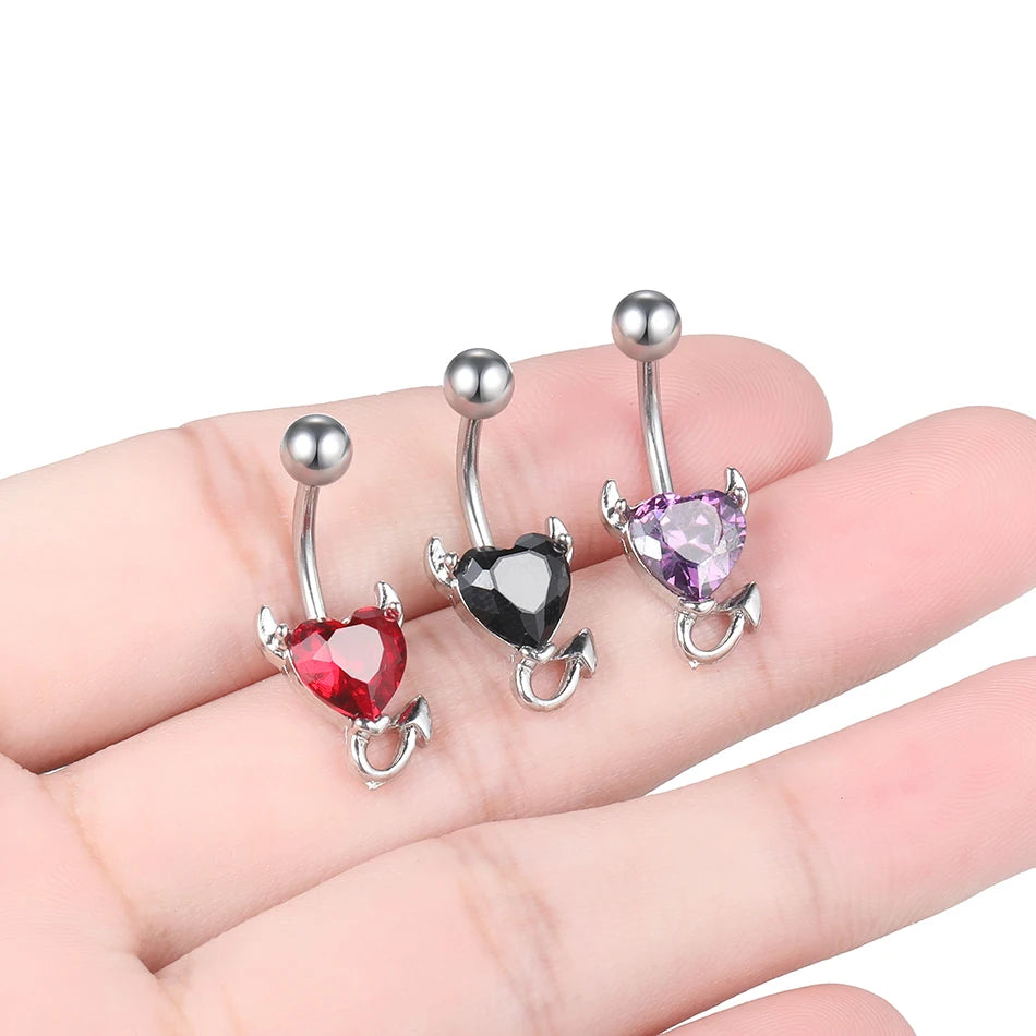 1PC Surgical Steel Heart Navel Belly Button Rings Devil Shape Red CZ Belly Piercings Jewelry Dangle Earring Piercings Women Gift