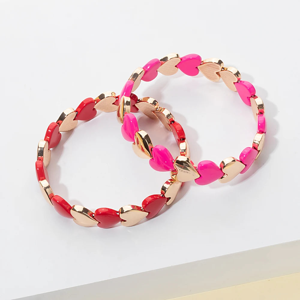 2024 New Arrival Enamel Heart Bead Bracelet Gold Color Elastic Bangle Set for Women Love Romantic Couple Jewelry Accessories