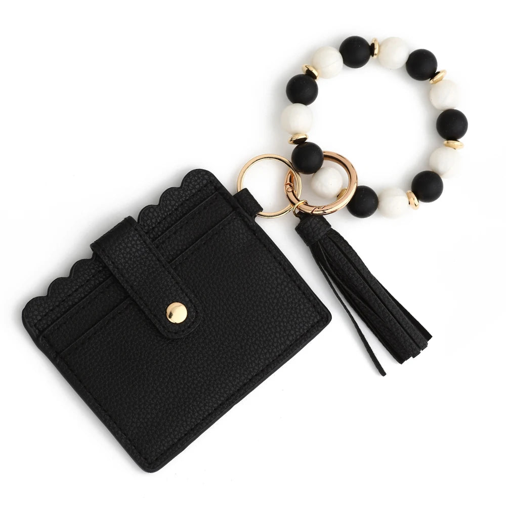 Hemasa Silicone Bead Bracelet  Leather Card Bag Wristlet Keychain Silicone Beaded Bracelet Leather Tassel Wallet Bangle