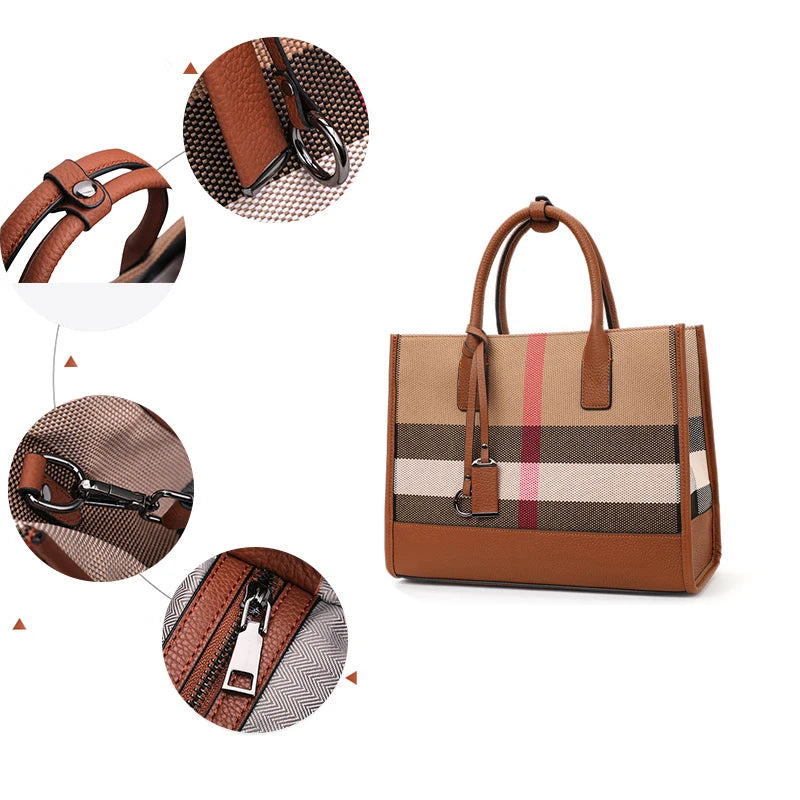 Hemasa Caramel Colour Canavas  Women's Handbag Classic  Large Capacity Cowhide Single Shoulder Crossbody Bag