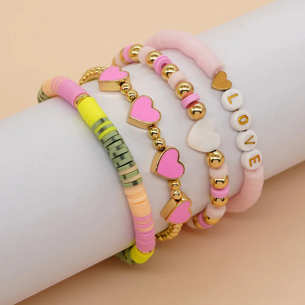 Heamsa 4pcs Colorful Polymer Clay Beads Heart  Charm Bracelet Set