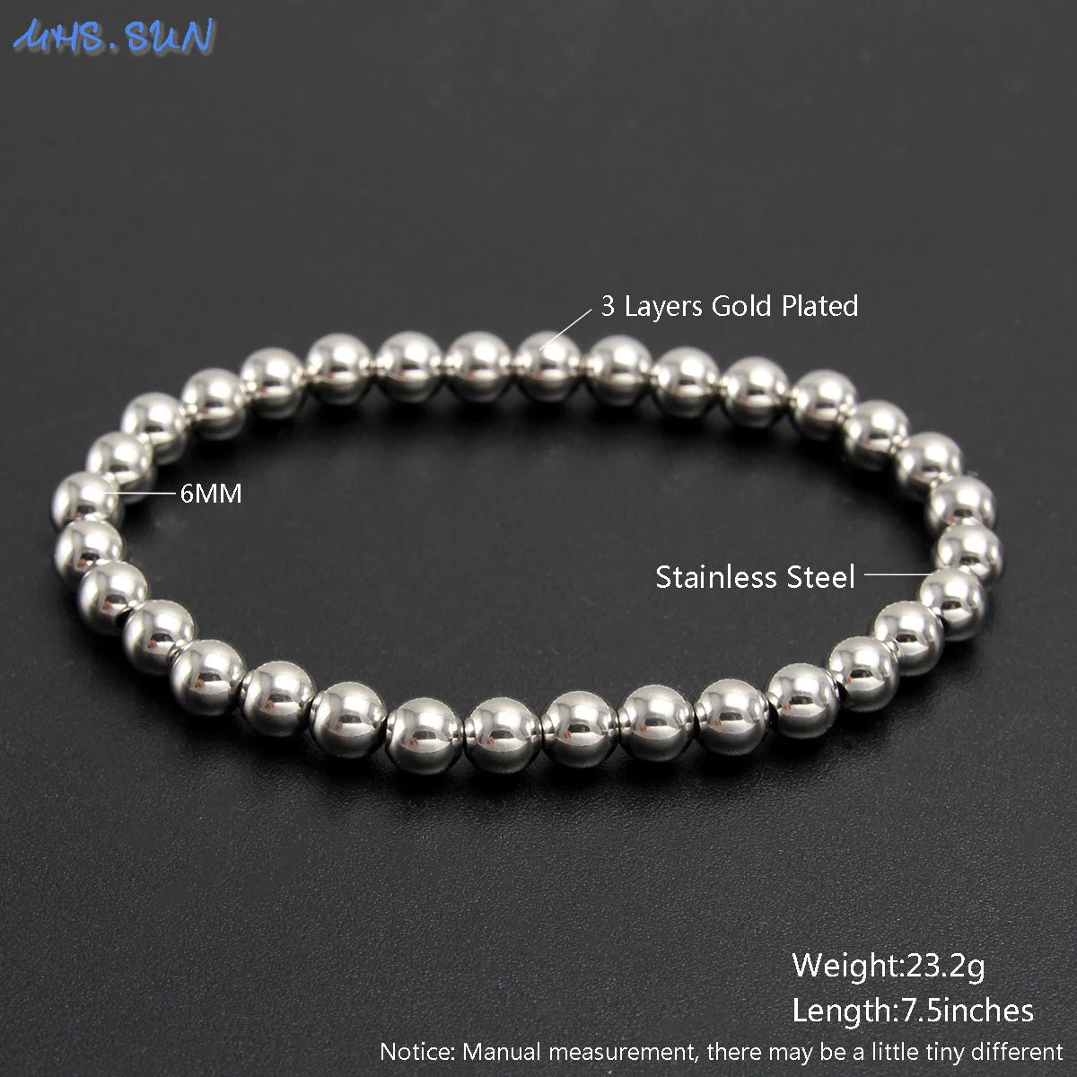 MHS.SUN Fashion Waterproof Smooth Stainless Steel Bracelets 2-10mm Elastic Beaded Gold Plated Stackable Bracelet Women Jewelry