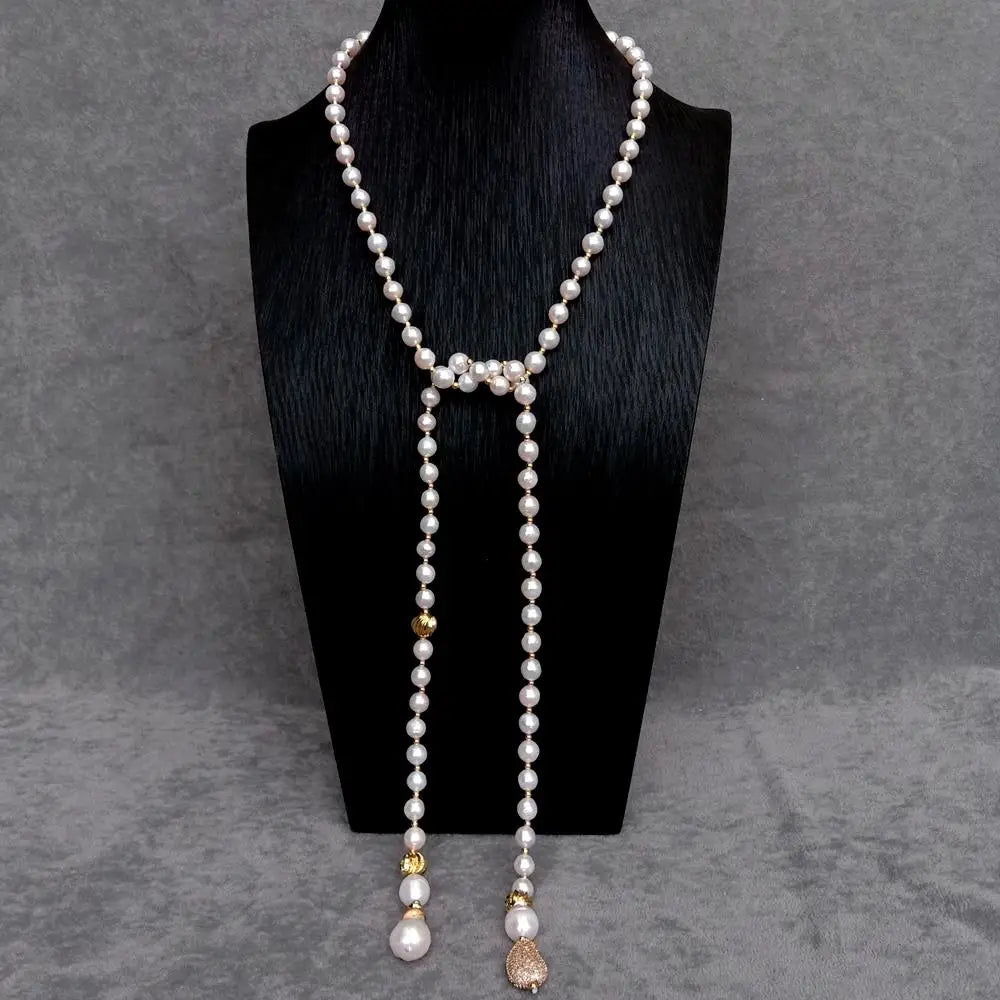 YYGEM White reborn Keshi Pearl  connector  8-9mm near round Freshwater pearl 40" Long  Necklace