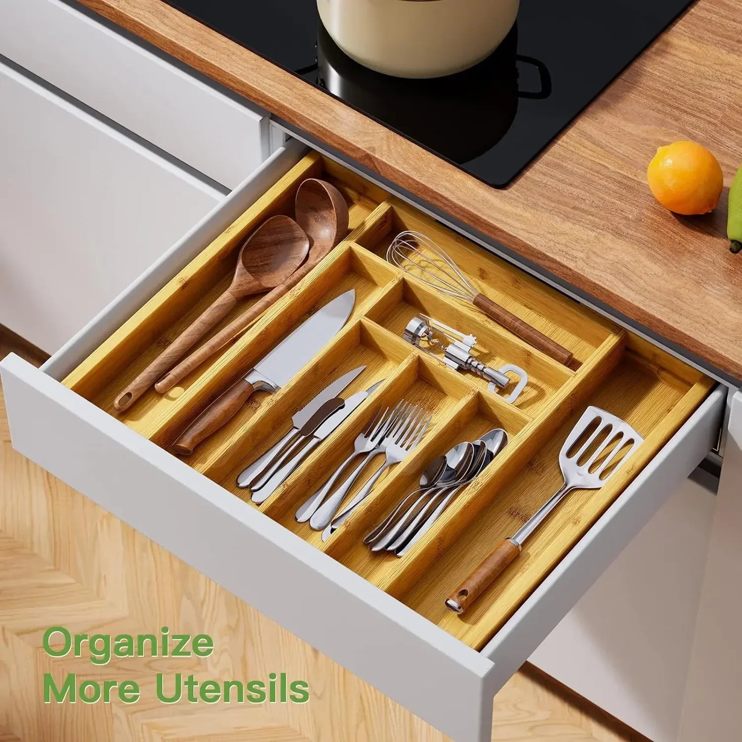 Tejesa Adjustable Bamboo Cutlery Drawer Organizer for Kitchen Utensils Storage Tray Expandable Bamboo Utensil Holder for Kitchen Drawer