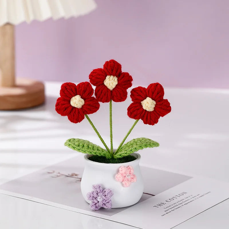 Hemasa Kintted Flower Potted Mini Artificial Flowers/Plant Hand Woven Crochet Tulips Flowers