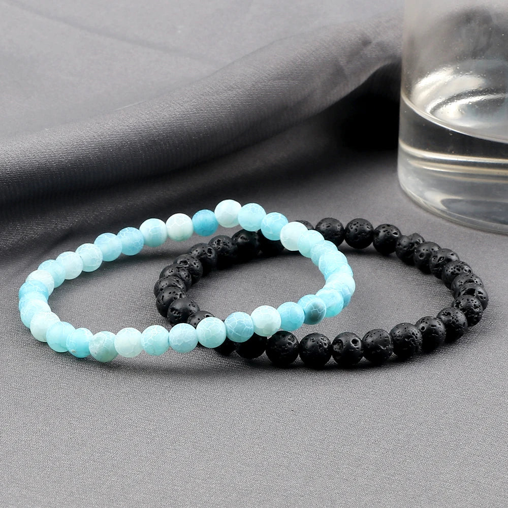 Heamsa 2pcs/set Black Lava Stone Bracelet Men 6mm Natural Cracked Beads Strand Braceelets Stretch Bangles Women Yoga Healing Jewelry