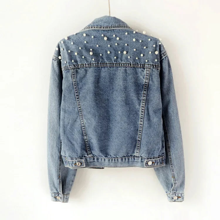 Hemasa Denim Coat Women Cotton Cardigan Jeans Pearl Punk Gothic Bomber Jacket