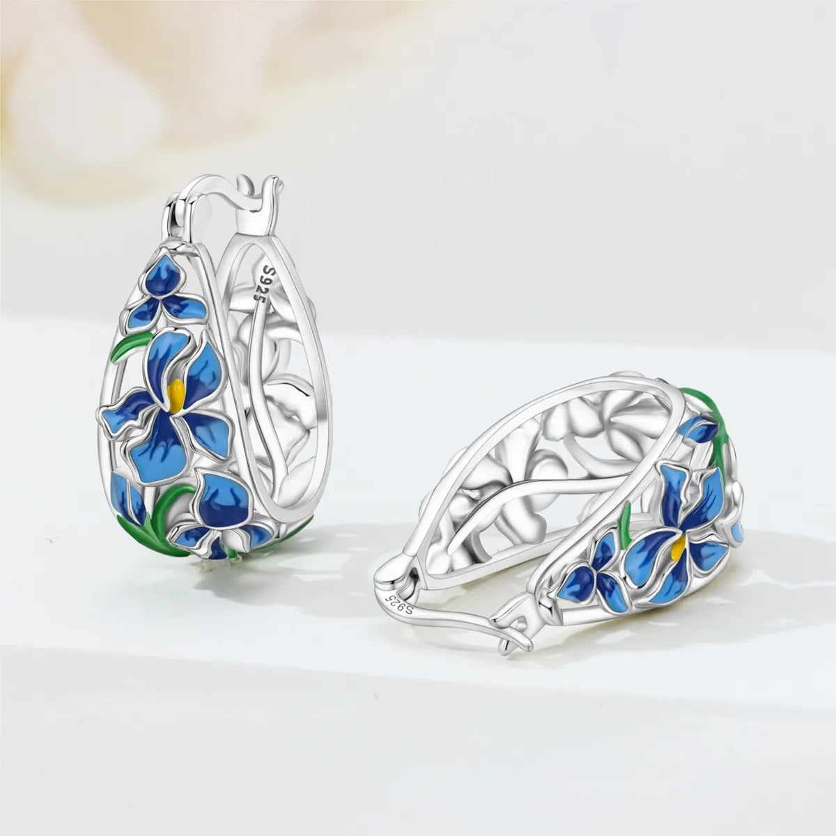 Orstarry S925 Sterling Silver Earrings Exquisite Blue Horseshoe Lotus Orchid Iris Flower Earrings For Women Birthday Gift