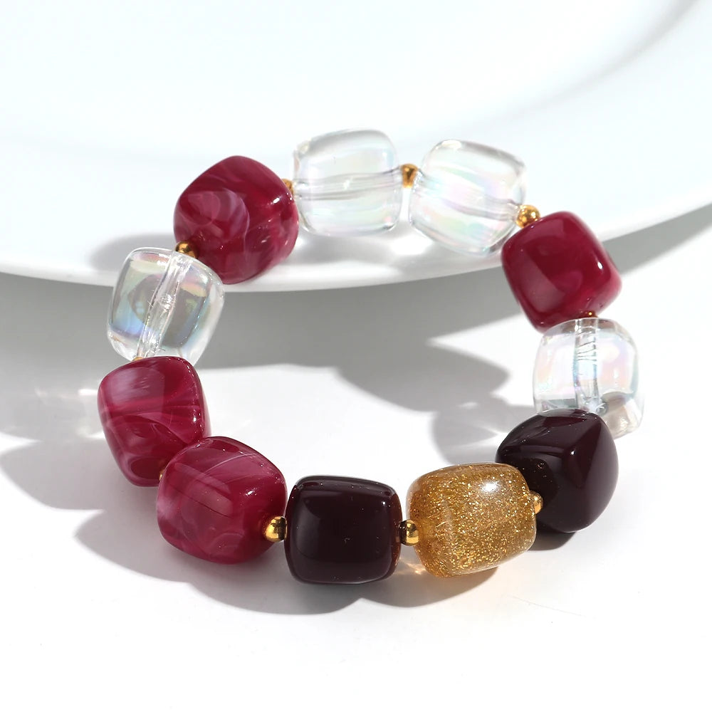 New Multicolor Acrylic Geometric Bead Bracelet for Women Trendy Resin Irregular Square Elastic Bracelets Handmade Jewelry Gift