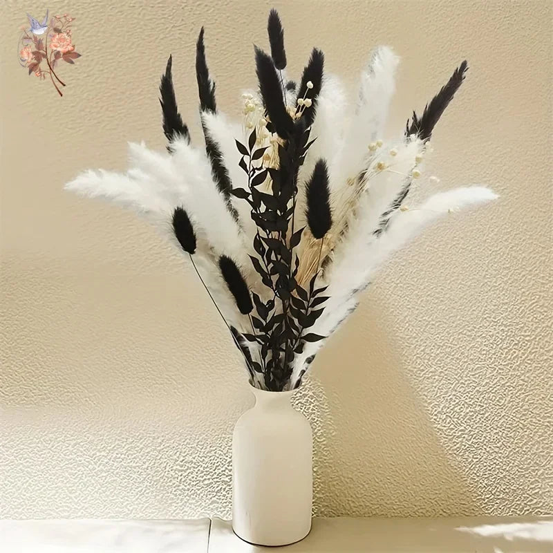 45pcs Dried Flowers Bouquet Black White Style Fluffy Pampas Rabbit Tail Grass for Halloween Party Decoration Home Accessories