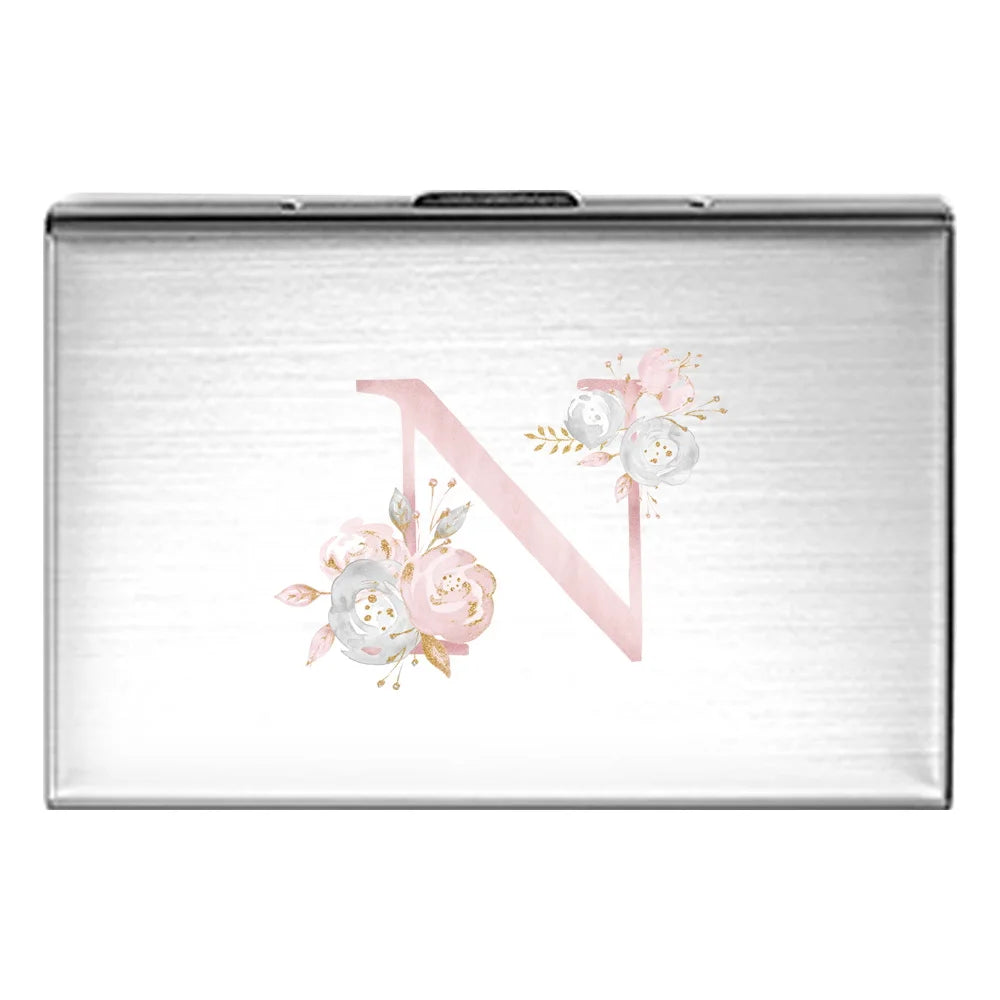 Tejesa Metal Business Card Holder - Slim Pocket Business Card Case for Unisex /Stainless Steel IC Cards /Pink Flower Print Series