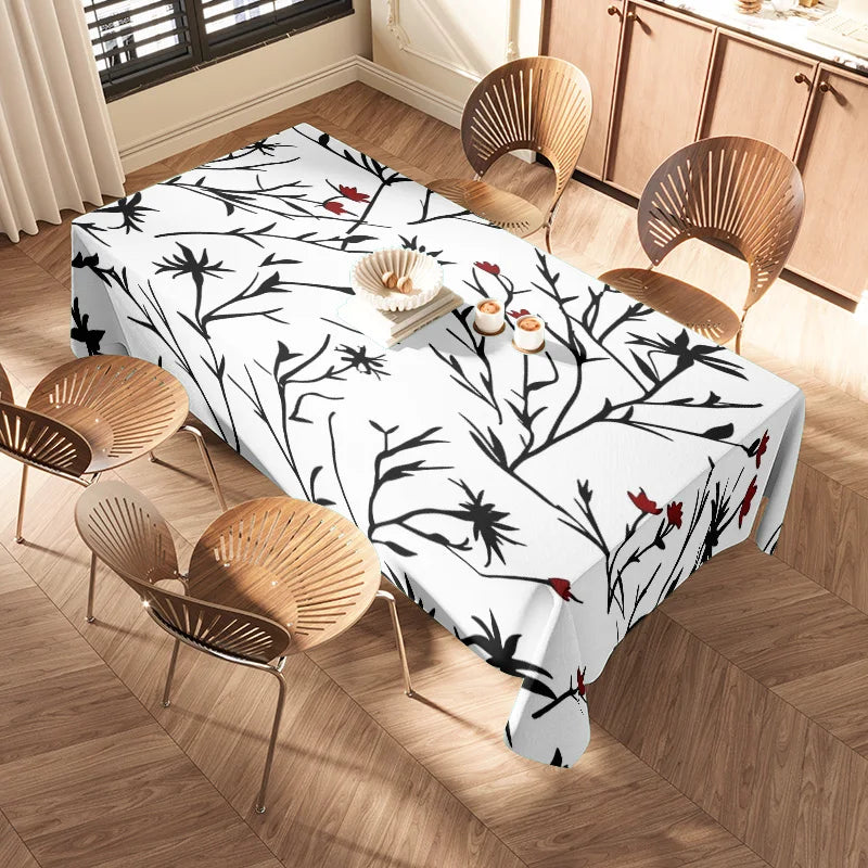 Minimalist Black/White Floral Dining Tablecloth for Home Decoration Elegant Decorative Table Linen Set with Four Napkins Various