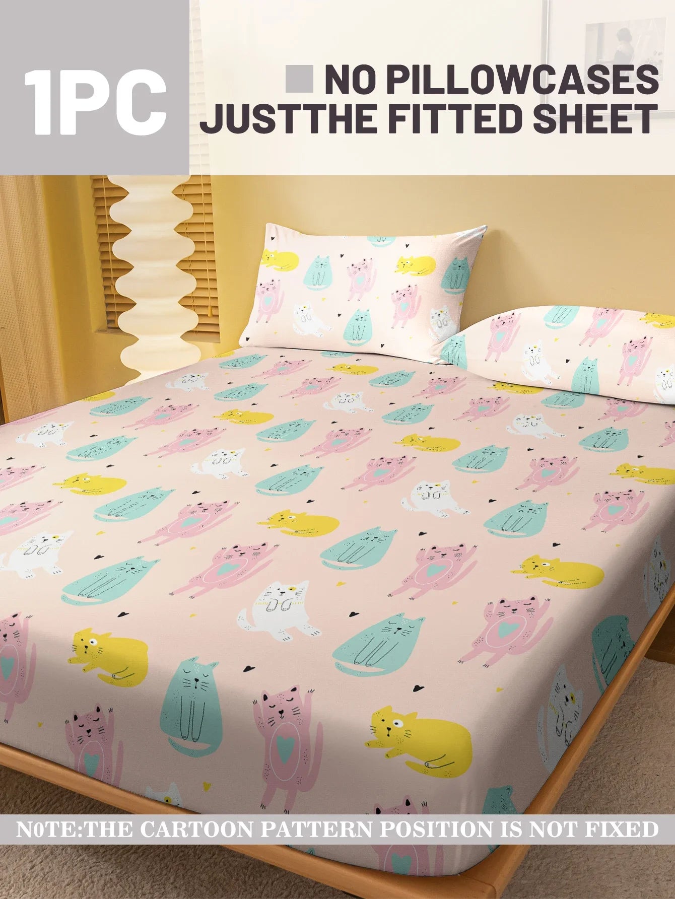 1 Cartoon Cute animal Cat Printed Matte Fitted Sheet, Bedroom Printed Bed Cover, Bedding (Excluding Pillowcases)