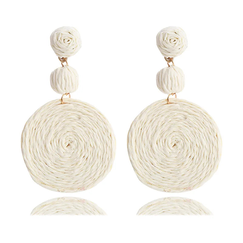 Summer Beach Bohemia Round Raffia Earrings For Women Boho Handmade Rattan Weave Drop Dangle Earrings Holiday Style