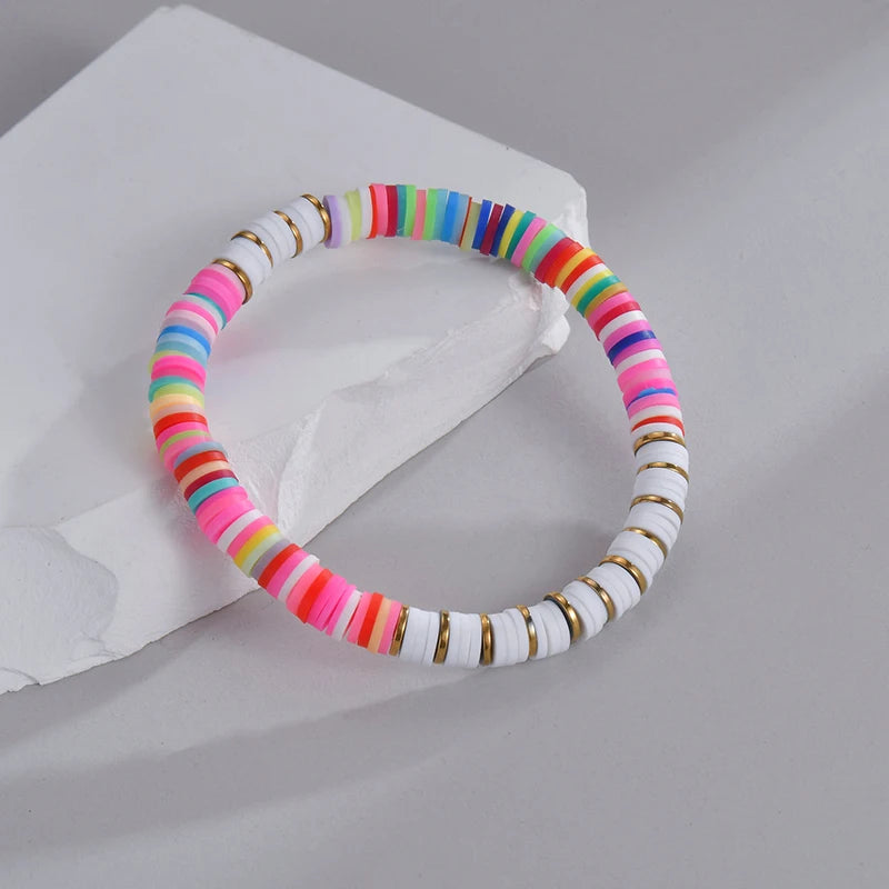 Bohemian Rainbow Polymer Clay For Women Fashion Handmade Surfer Choker Bracelet Stainless Steel Jewelry Chain Gift