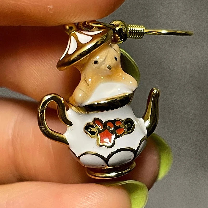 Unique Chipmunk Teacup Earrings Creative Design Exquisite Luxury Enamel Earrings Gifts Women Statement Jewelry  Cute Cat Earring