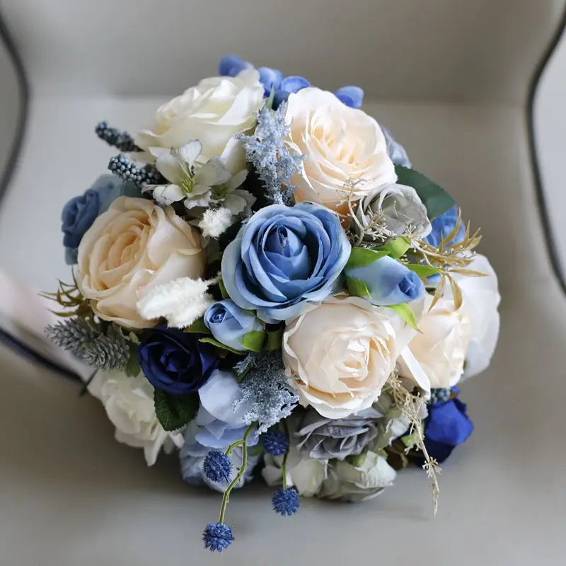 YeeNanee Wedding Bouquets for Bride White Blue Artificial Rose Flowers Bridal Bouquet Rustic Wedding Ceremony Anniversary Decor