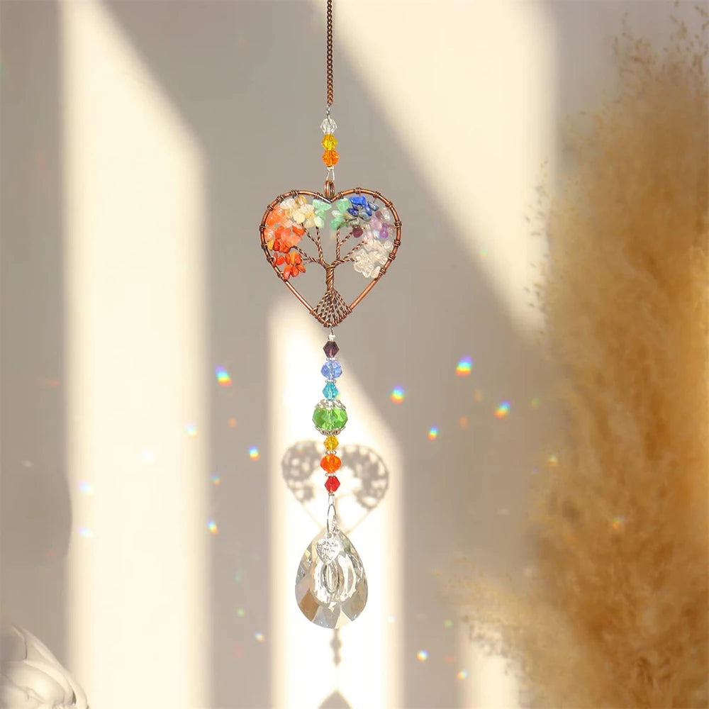 Crystal Sun Catcher Indoor Windows Hanging Tree of Life Rainbow Maker Drop Prisms Healing Chakra Decor for Window Home Car Gifts