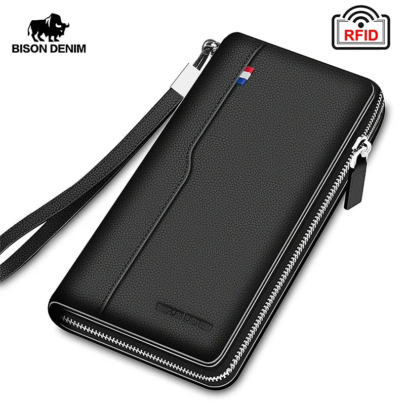 Hemasa  DENIM Genuine Leather Men's Wallet /RFID Blocking Long Coin Purse /Case Passport Cover For Mens Credit Card Holder