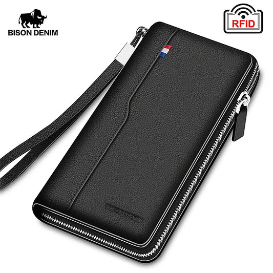 Hemasa  DENIM Genuine Leather Men's Wallet /RFID Blocking Long Coin Purse /Case Passport Cover For Mens Credit Card Holder