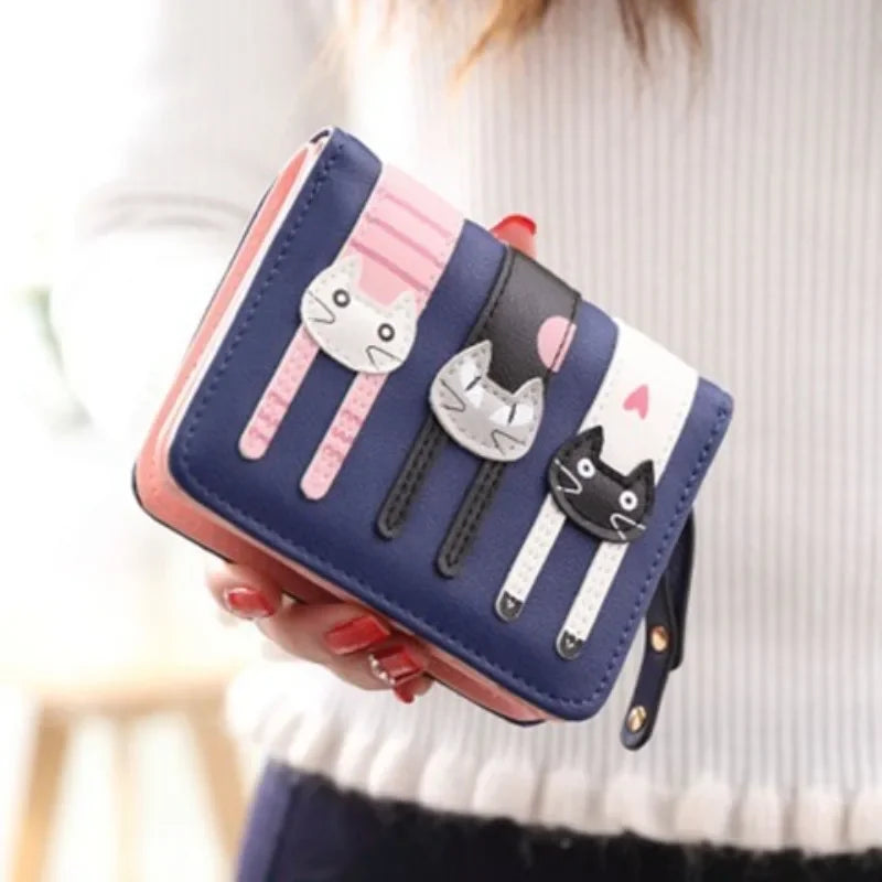 Women's Purse Short Cute Cat Print Mini Two-fold Folding Coin Purse Delicate Fringe Multi-functional Student Girls Teen Wallet