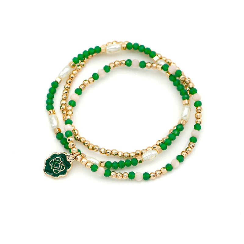 Green Beads Bracelets Set For Women Three Elastic Enamel Charm Fashion Item Cream Mixed Imitation Pearl Jewelry Party Gift C1075