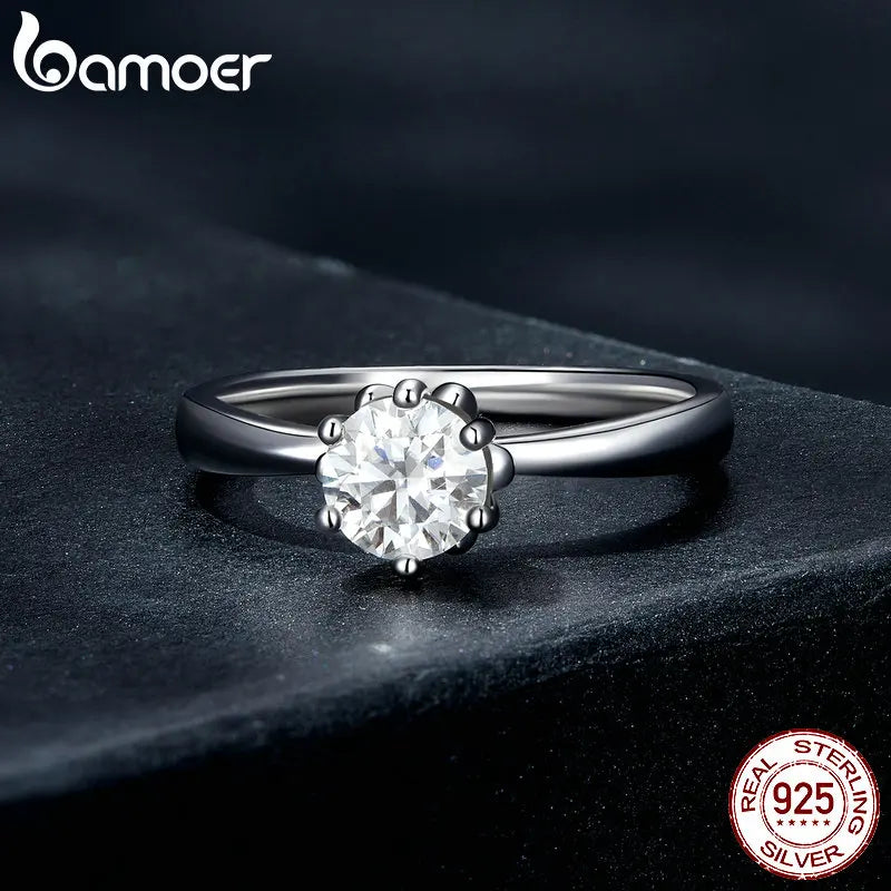 BAMOER 0.8CT Round Moissanite 14K Gold Plated Ring for Women D Color VVS1 EX Lab Diamond Engagement 925 Sterling Silver Ring