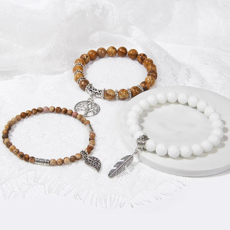 3Pcs Tree of Life Pendant Beads Bracelet Natural Stone Tiger Eye Turquoises Labradorite Bracelets for Women Men Couples Jewelry