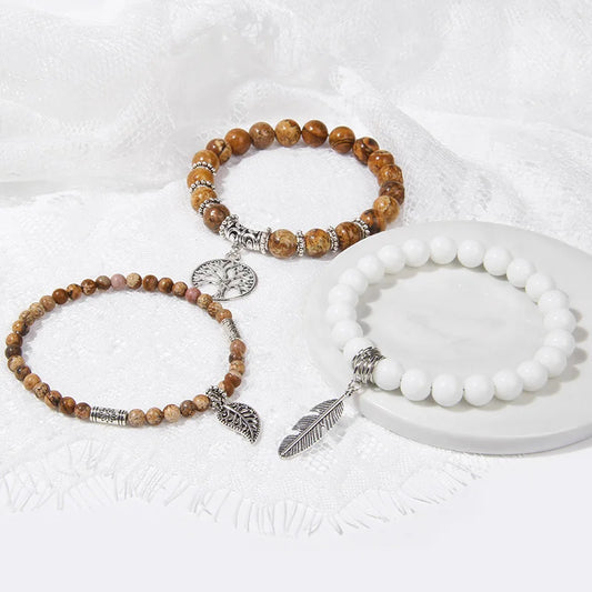 3Pcs Tree of Life Pendant Beads Bracelet Natural Stone Tiger Eye Turquoises Labradorite Bracelets for Women Men Couples Jewelry