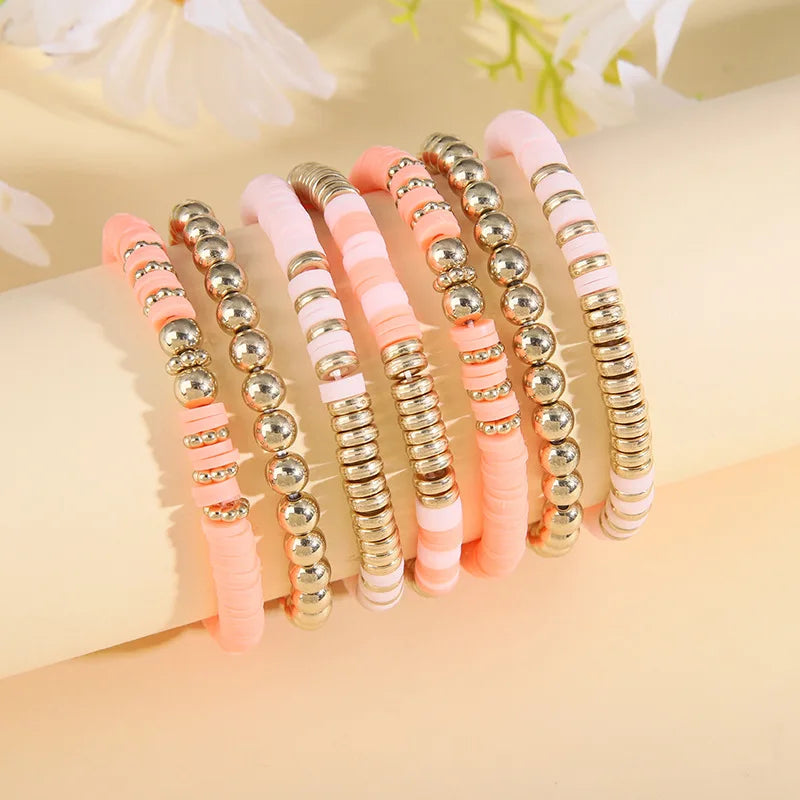 Hemasa 6/7pcs Bohemian Polymer Clay Bracelets Set for Women  /Multilayer Elastic Colorful Beads Bracelet