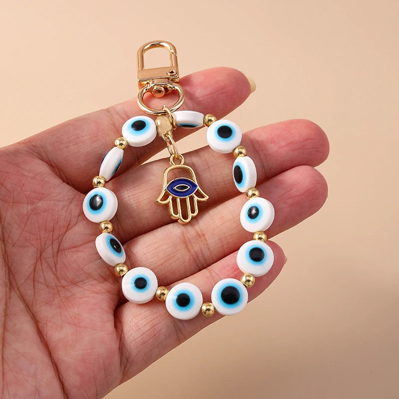 Aihua Colorful Round Evil Eyes Beaded Keychain For Couple Lover Boho Turkish Lucky Blue Eye Key Ring Bag Phone Lanyard