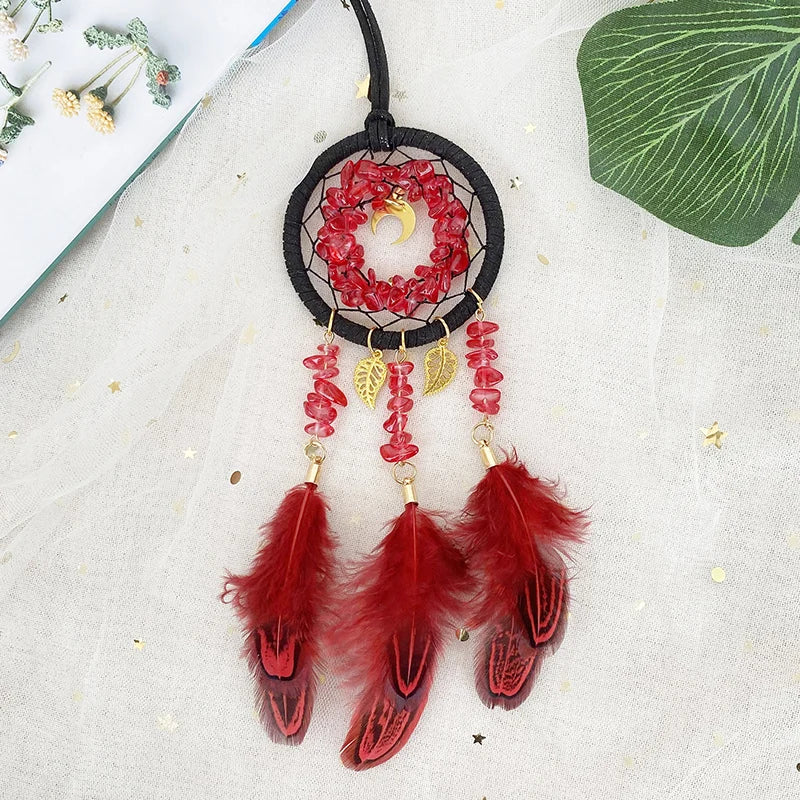 Hemasa Red Colour Crystal Stone Red Feather Wind Chime  Dream Catcher  for Car Pendant Creative Bedroom