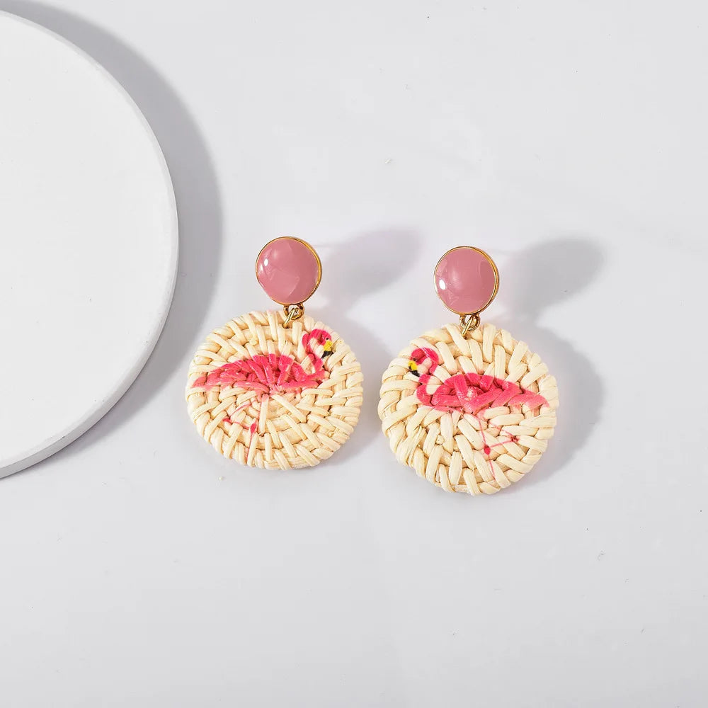 Lost Lady Handmade Straw Rattan Earrings For Women Fashion Pineapple Flamingo Print Earrings Fashion Jewelry Wholesale Outlet