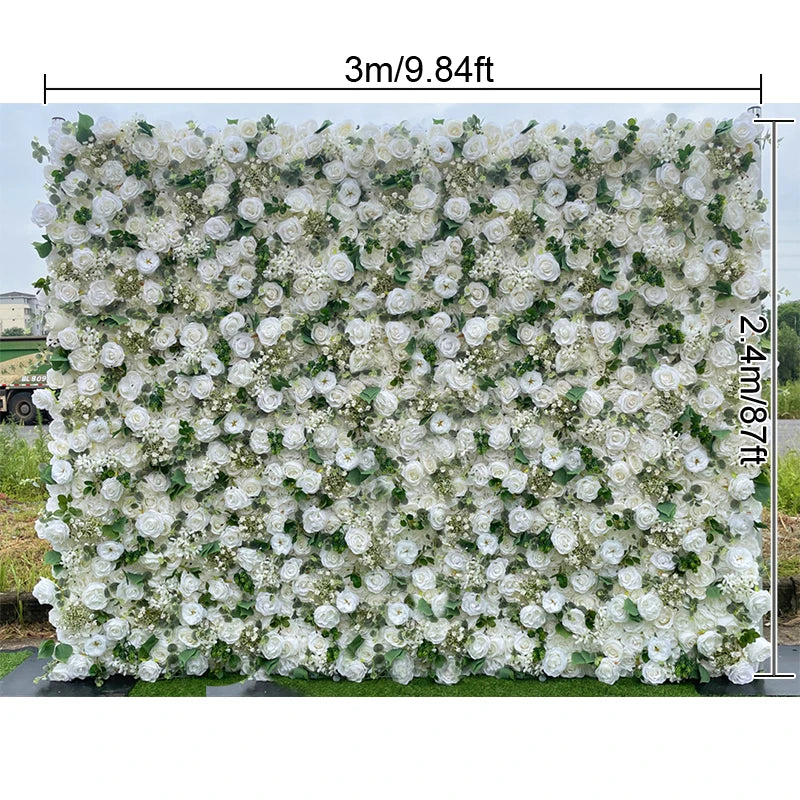 Rose Hydrangea Green Leaf Artificial Flowers Wall Cloth White Roll Up Curtain Hang Floral Wedding Event Backdrop Decor Props