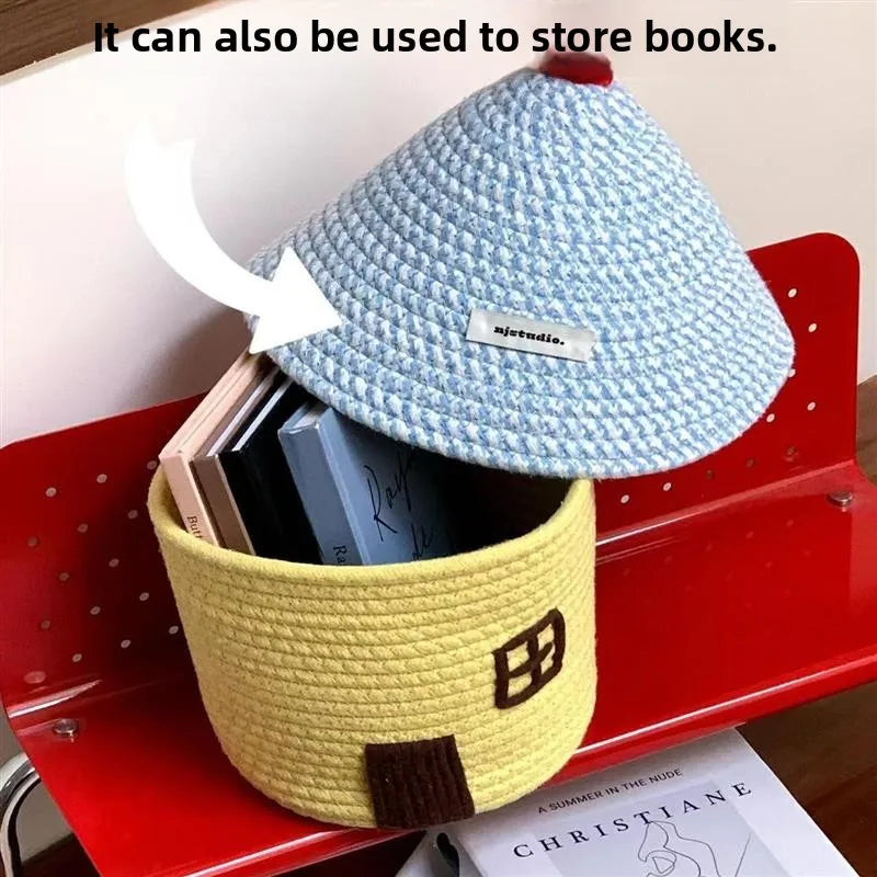 Tejesa Large Capacity  Woven Basket with Lid Cartoon House aped Storage Container Fun Desktop Organizer Basket for Home Use