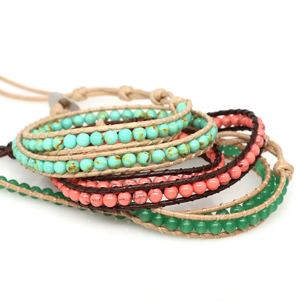 Green Turquoises Beads Bohemian Bracelets Crystal Gems for Women Men 2 Strands Multilayer Wrap Handmade Braided Charming Jewelry