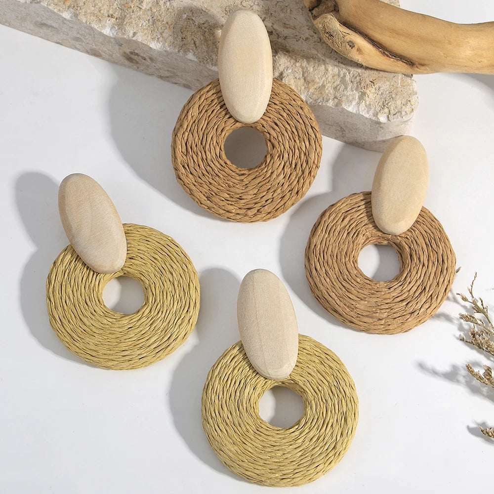Lifefontier Ethnic Wooden Rattan Knit Round Drop Earrings For Women Handmade Beach Earring Pendant Jewelry Wholesale Gifts 2023