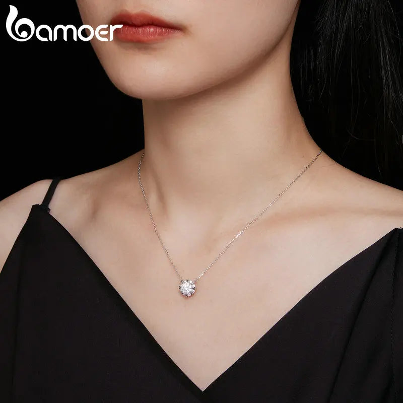 Bamoer 1.0 Carat Real Round Moissanite Pendant Necklace For Women 925 Sterling Silver Wedding Engagement Fine Jewelry Gift