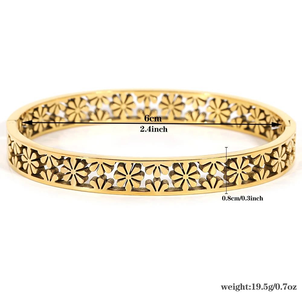 Greatera Stainless Steel Hollow Daisy Flower Cuff Bracelet Bangles for Women Gold Plated Floral Bracelets Waterproof Jewelry