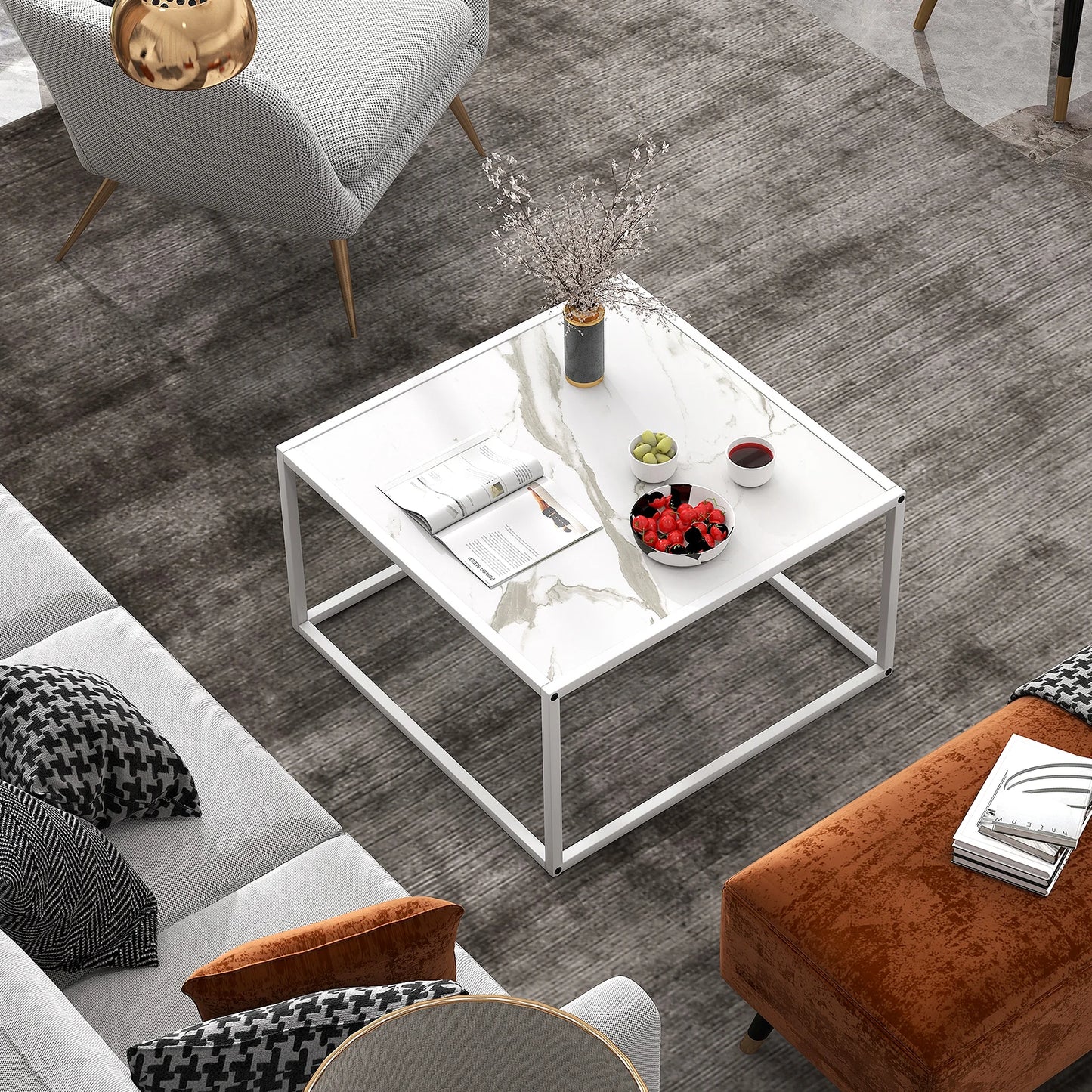 GOFLAME Modern Square Leisure Coffee Table Sofa Side End Table with Faux Marble Tabletop