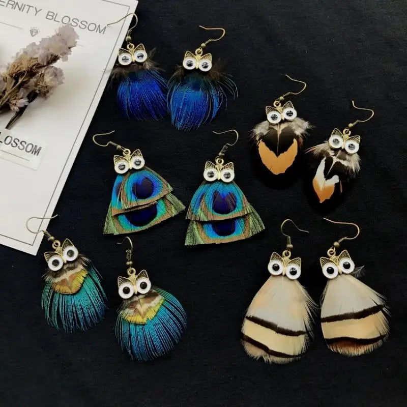 Unique Owl Earrings Creative Imitation Peacock Feathers Tassel Earrings Vintage Exaggerate Boho Earrings Statement Jewelry 2024