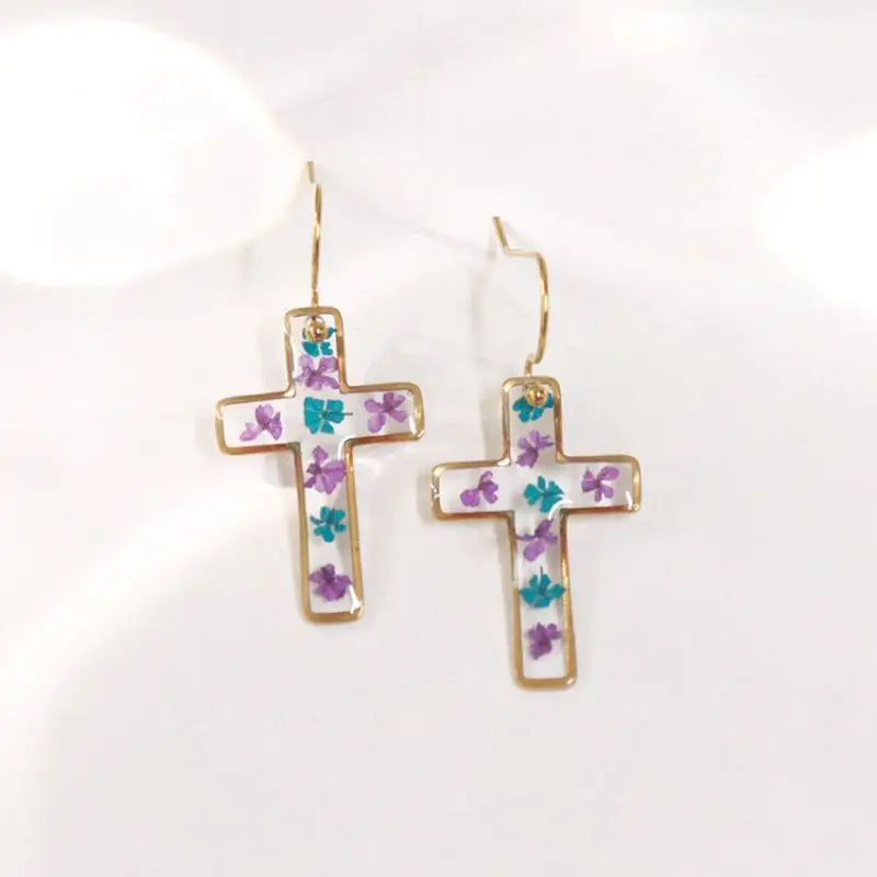 Unique Cross Earring With Flower Handmaking Epoxy Resin Pressed Flower Earring Natural Flower Statement Earring Jewelry 2024 New